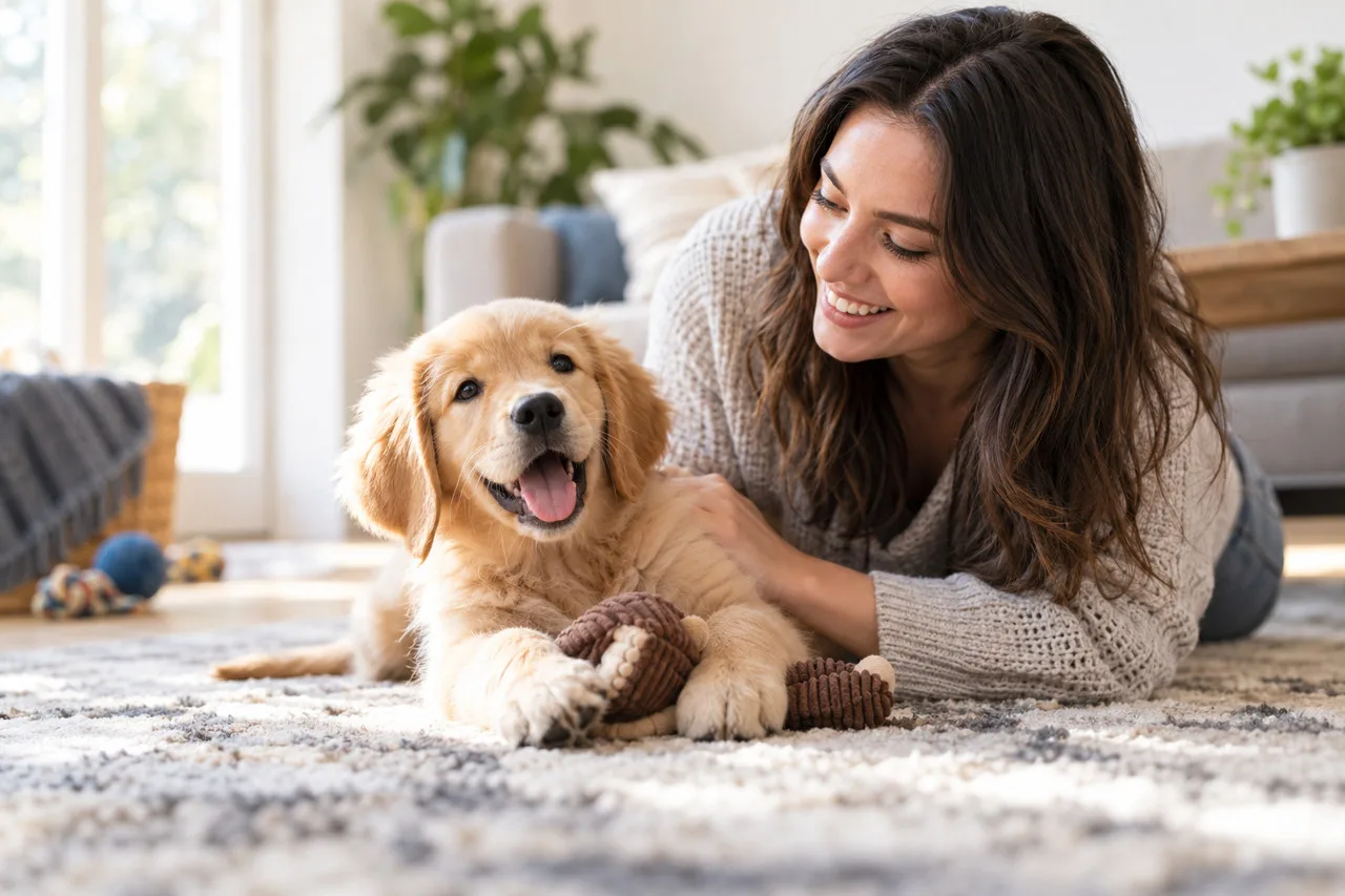 Owner spending time at home beside a golden-colored dog