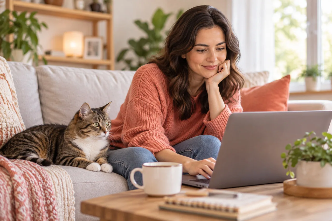 Owner reviewing a laptop with a cat nearby